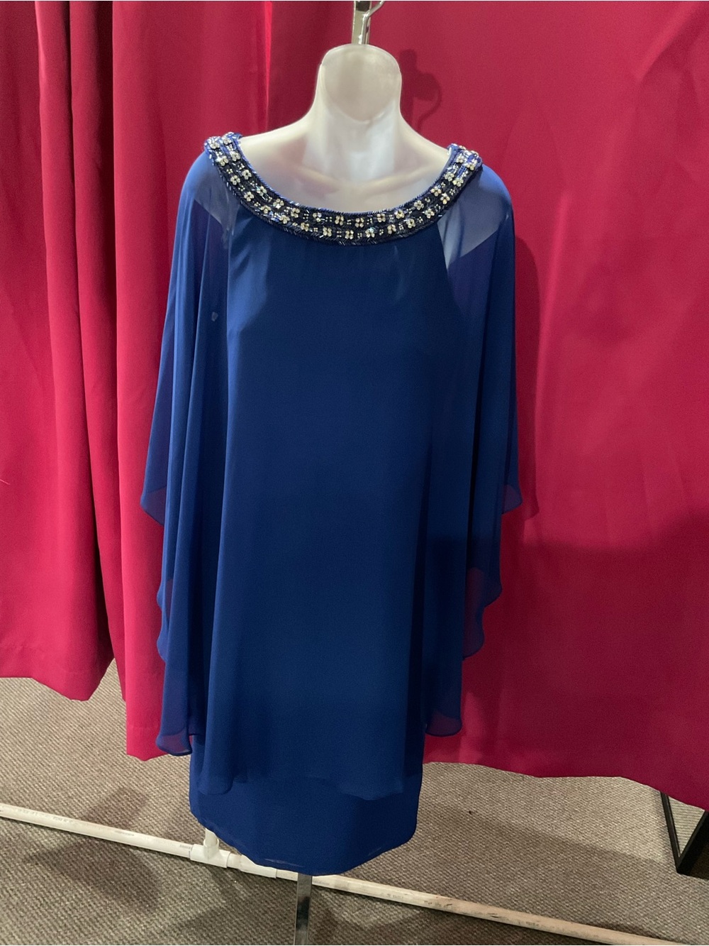 Royal Blue Beaded Neckline Chiffon Cape Dress